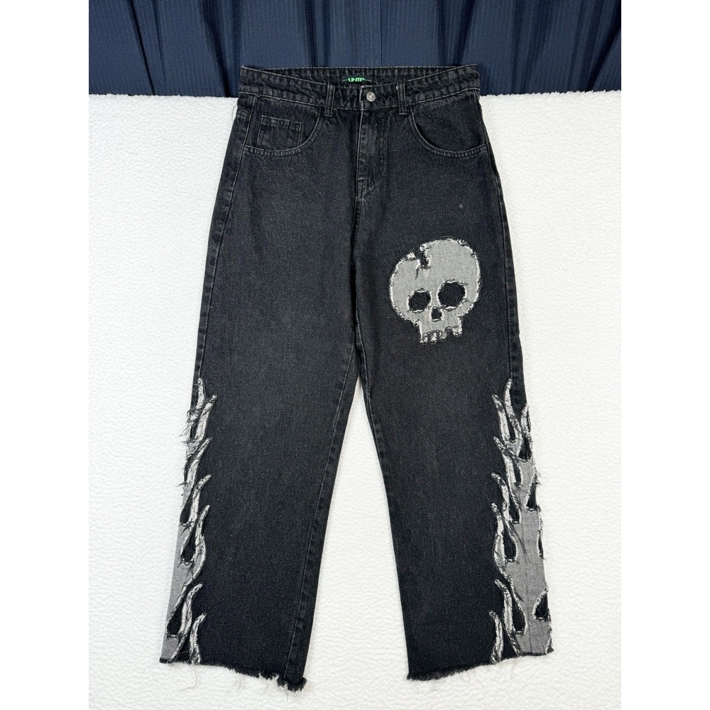 Undertrap Mens Denim Jeans Skull and Flames Black Y2K Grunge Tombstone 30x27